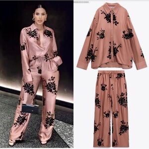 Zara Pink Satin Floral Button-Up Blouse